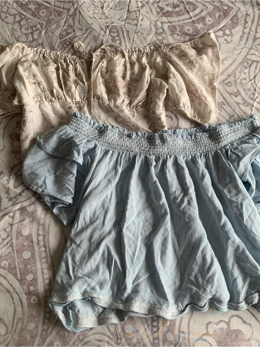 Light Blue & Cream Off-the-Shoulder Tops - Set of 2